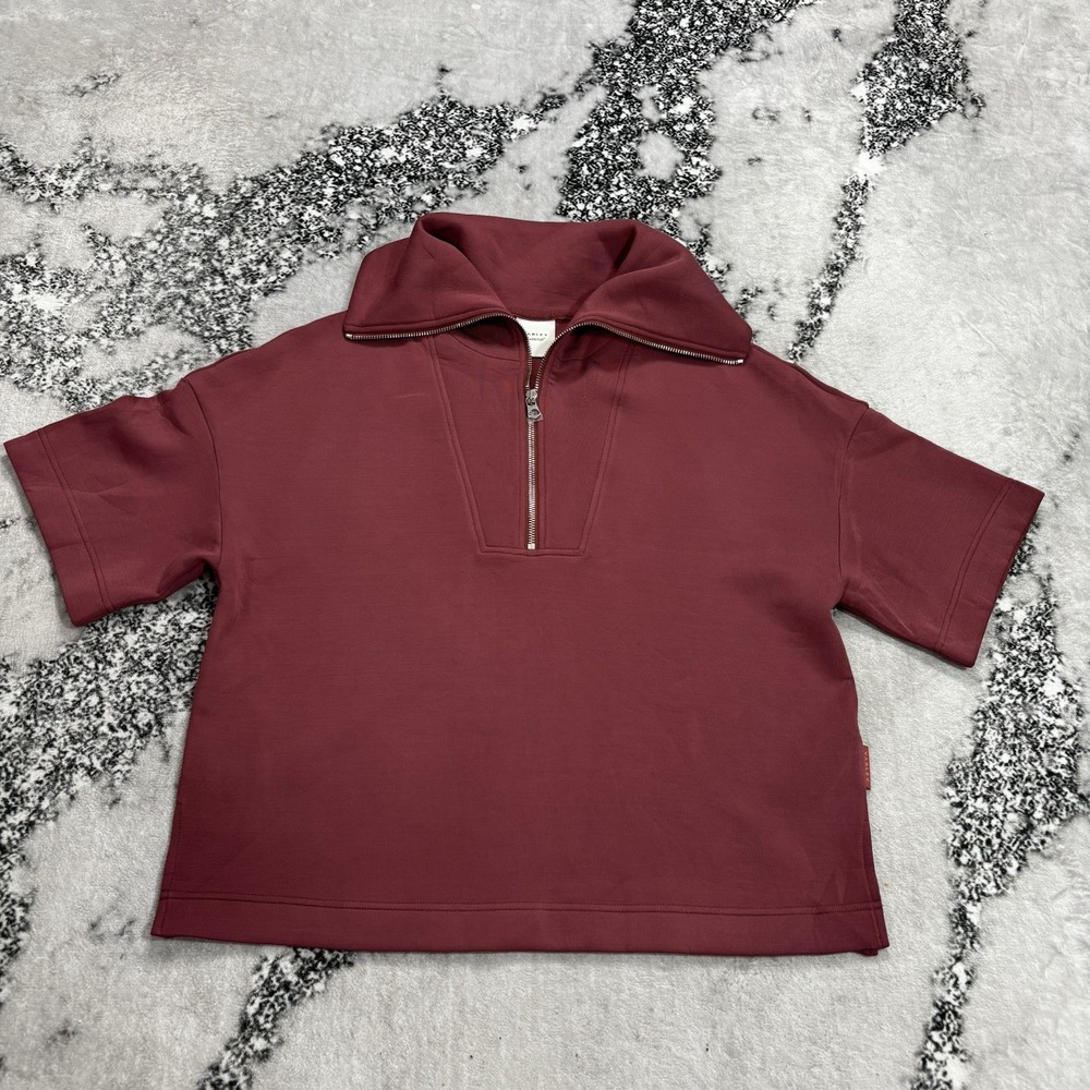 Varley Ritchie DoubleSoft Half Zip Short Sleeve Sweatshirt Size M Burgundy NWOT